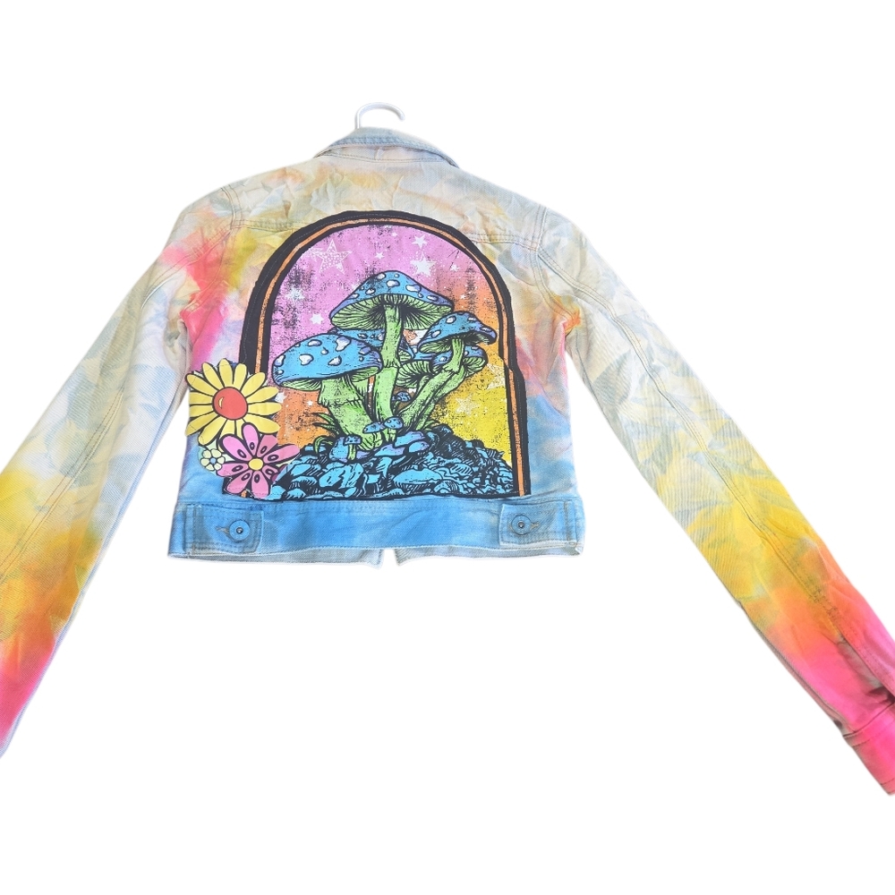 Upcycled Colorful Mushroom Graphic Denim Jacket